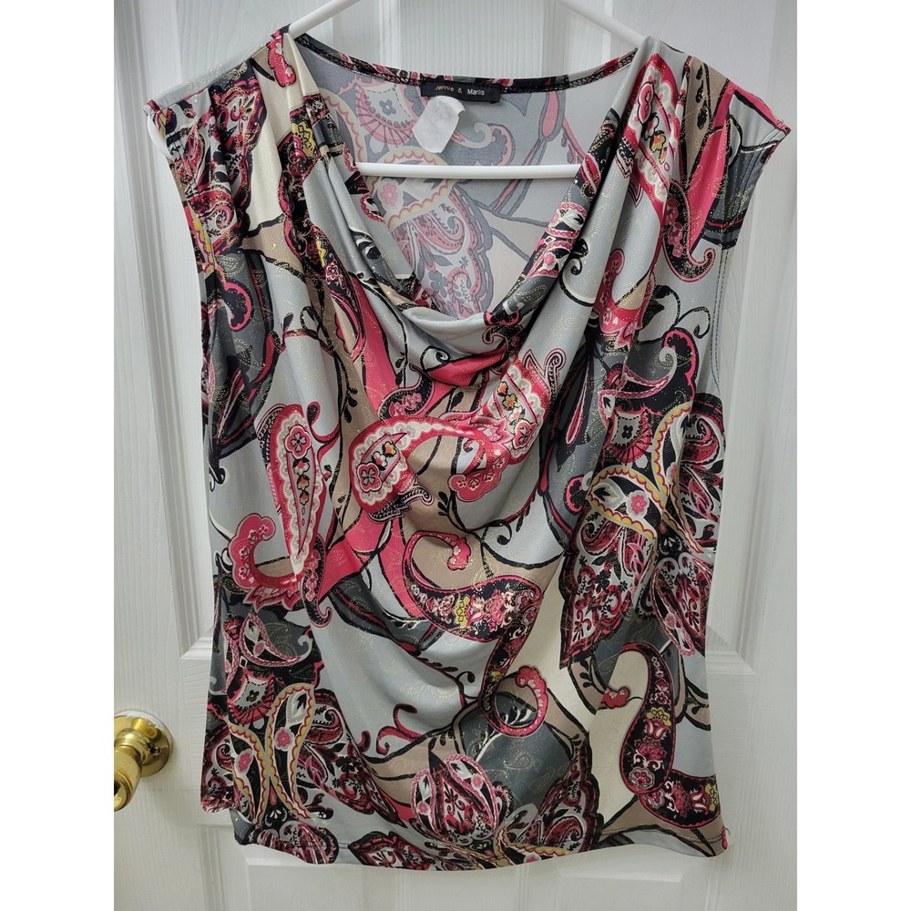Jennie & Marlis Womens Pink Grey Paisley Cowl Neck Sleeveless Blouse Top XL